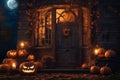 Halloween decorations on the porch of an old house exterior, jack o lantern pumpkins, abandoned place, night, autumn nature