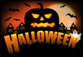 Halloween decorations. Pumpkin on the background of the castle with bats and Ghost, title holiday. Vector Royalty Free Stock Photo