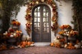 Halloween decorations and pumpkins in front of the door. 3d render, A festive doorway decorated with wreaths and pumpkins for Royalty Free Stock Photo