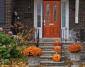Halloween decorations with three pumpkins Royalty Free Stock Photo