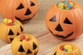 Halloween decorations using plastic pumkins and jelly beans