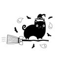 Halloween decorative illustration cat flying on broom on white background. Drawn by hand doodle vector of black witch cat. Post Royalty Free Stock Photo