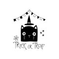 Halloween decorative illustration witch cat head with lettering Trick or Treat on white background. Drawn by hand doodle vector of