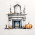 Halloween Decorative Sketch Of Fireplace With Pumpkins