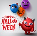 Halloween demon vector banner design. Happy halloween text with devil character holding colorful balloons with scary faces and whi