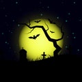 Halloween design background with spooky graveyard, naked tree, graves and bats Royalty Free Stock Photo