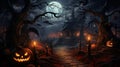 Halloween design background with spooky graveyard naked trees graves and bats and copyspace Royalty Free Stock Photo