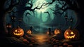 Halloween design background with spooky graveyard naked trees graves and bats and copyspace Royalty Free Stock Photo