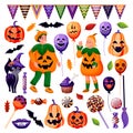 Halloween design elements. Balloons with grinning face candy black cat bat kids in pumpkin costume. Vector illustration Royalty Free Stock Photo