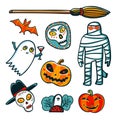 Halloween design elements. Cartoon pumpkins, mummy, bat, ghost and skulls on white background. Trick or treat concept Royalty Free Stock Photo