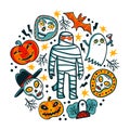 Halloween design elements. Cartoon pumpkins, mummy, bat, ghost and skulls on white background. Trick or treat concept Royalty Free Stock Photo