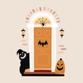 Halloween design. Entrance door decorated for Halloween. Carved pumpkin, bat, spider and ghost silhouette near front door. Vector