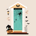 Halloween design. Entrance door decorated for Halloween. Carved pumpkin, witch hat, bats, spiderweb near front door. Vector