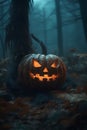 Halloween design - forest pumpkin. Horror background with autumn valley with woods, spooky trees and pumpkin