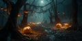 Halloween design - forest pumpkins. Horror background with autumn valley with woods, spooky trees and pumpkins