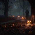 Halloween design - forest pumpkins. Horror background with autumn valley with woods, spooky trees and pumpkins Royalty Free Stock Photo