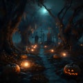Halloween design - forest pumpkins. Horror background with woods, spooky trees, pumpkins and candle lights along old cemetery Royalty Free Stock Photo