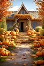 Halloween design home. Street decoration thanksgiving. House entrance decorated for autumn holidays Royalty Free Stock Photo