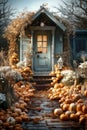 Halloween design home. Street decoration thanksgiving. House entrance decorated for autumn holidays Royalty Free Stock Photo