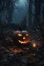 Halloween design - Horror background with autumn valley with woods, spooky trees and pumpkin