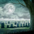 Halloween design - Spooky tree. Horror background with cemetery, and full moon. Space for your holiday text