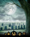 Halloween design - Spooky tree. Horror background with cemetery, and full moon. Space for your holiday text