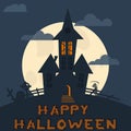 Halloween design template. Spooky landscape with castle, Zombie and Grim reaper. Vector illustration