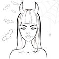 Halloween devil girl with horns. Outline vector