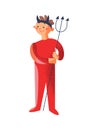 Halloween devil kid character, cute boy wearing funny red demon costume with evil trident