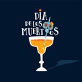 Halloween, Dia de los Muertos greeting card. Mexican Day of the Dead party invitation with glass of cocktail drink and Royalty Free Stock Photo