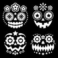 Halloween and Dia de los Muertos skulls and pumpkin faces vector design - Mexican sugar skulls in white on black background