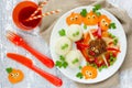 Halloween dinner or lunch for kids - spider meatball, mashed pot Royalty Free Stock Photo