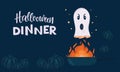 Halloween dinner sign with ghost, pumkin, fire, pan illustration. Vector stock illustration for invitation, flyer