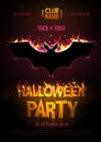 Halloween disco party poster with burning letters and bat silhouette. Halloween background