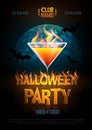 Halloween disco party poster with burning letters and cocktail. Halloween background