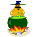 Halloween dog character in witch hat with boiling cauldron.
