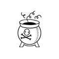 Halloween doodle caldron with the poisonous potion. Spooky and fun hand drawn vector icon.