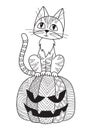 Halloween doodle coloring book page cat and pumpkin. Antistress zentangle for adults. Outline black and white illustration