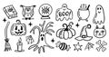 Halloween doodle elements set. Funny Hand drawn cartoon sketches