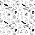 Halloween doodle pattern. Black and white seamless background with Halloween spooky symbols jack o lanterns, web, skull, grave. Royalty Free Stock Photo