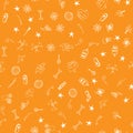 Halloween doodle seamless pattern set isolated on orange background. Outline set of seamless pattern with black Halloween doodle