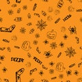 Halloween doodle seamless pattern set isolated on orange background. Outline set of seamless pattern with black Halloween doodle