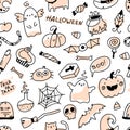 Halloween doodle seamless pattern. Vector holiday characters and horrible elements in simple hand drawn cartoon style Royalty Free Stock Photo
