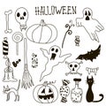 Halloween Doodle Set. Holiday Hand Drawn Vector Illustration with Pumpkins, Jack o Lantern, Skulls, Witch, Ghost, Bat, Candies, Royalty Free Stock Photo