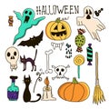 Halloween Doodle Set. Holiday Hand Drawn Vector Illustration with Pumpkins, Jack o Lantern, Skulls, Witch, Ghost, Bat, Candies, Royalty Free Stock Photo