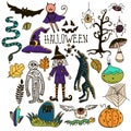 Halloween Doodle Set. Holiday Hand Drawn Vector Illustration with Pumpkins, Jack o Lantern, Skulls, Witch, Ghost, Bat, Candies, Royalty Free Stock Photo