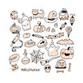 Halloween doodle set. Vector holiday characters and horrible elements in simple hand drawn cartoon style. Black outline Royalty Free Stock Photo