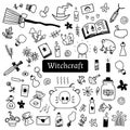 Halloween doodle set of witchcraft stuff on white background. Drawn by hand spooky halloween vector elements for creepy decorative Royalty Free Stock Photo
