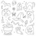 Halloween doodles. Hand drawn vector set of sketches: jack-o-lantern, witch hat, ghost, bat, black cat, scull, tombstone, cauldron