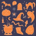 Halloween doodles. Hand drawn vector set of sketches: jack-o-lantern, witch hat, ghost, bat, black cat, scull, tombstone, cauldron